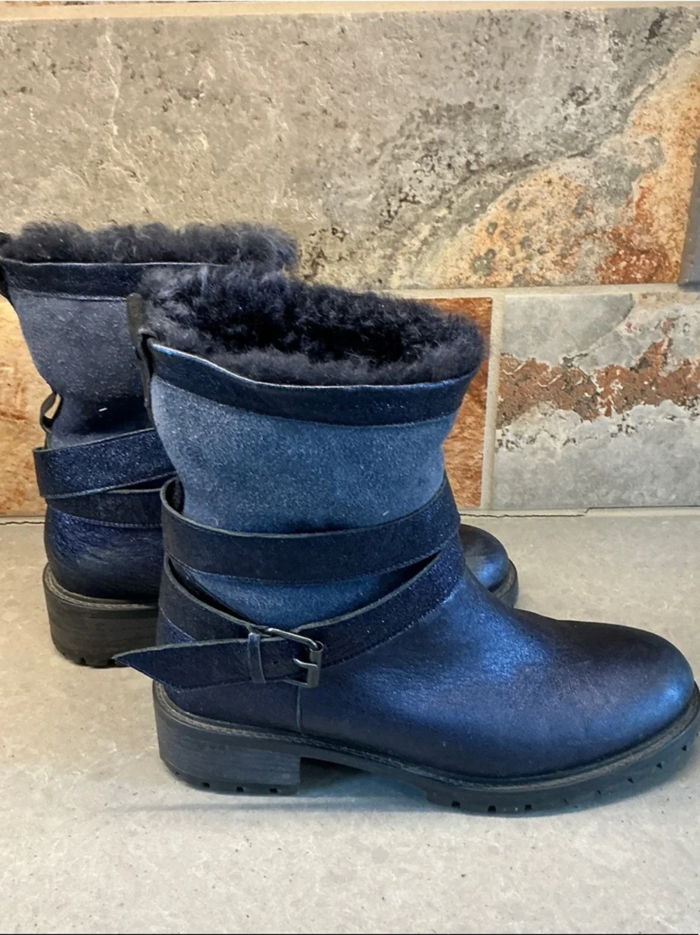 Women's Navy Blue Shearling-Lined Leather Ankle Boots with Buckle
